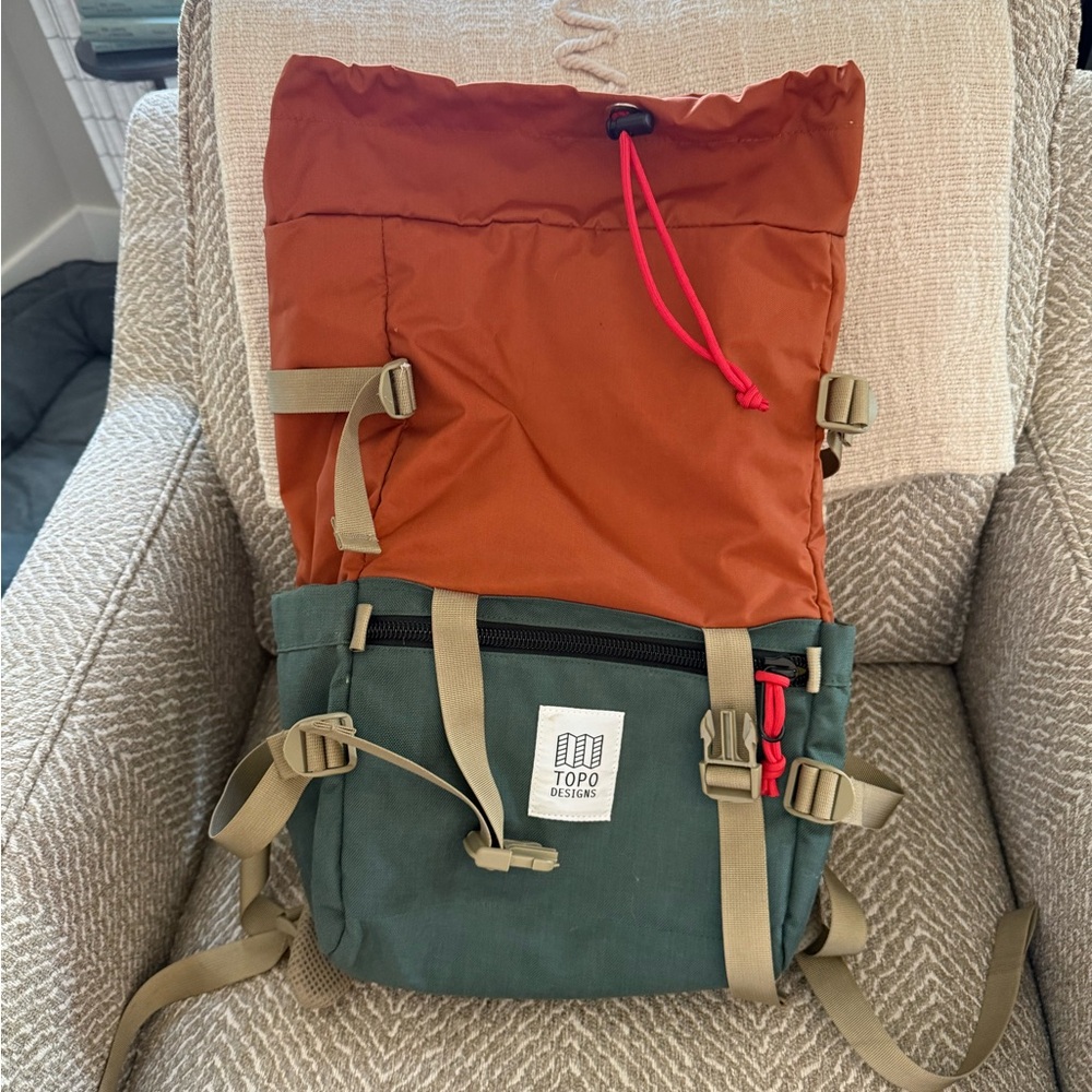 Topo Designs Two-Tone Roll-Top Backpack in Rust Orange and Forest Green